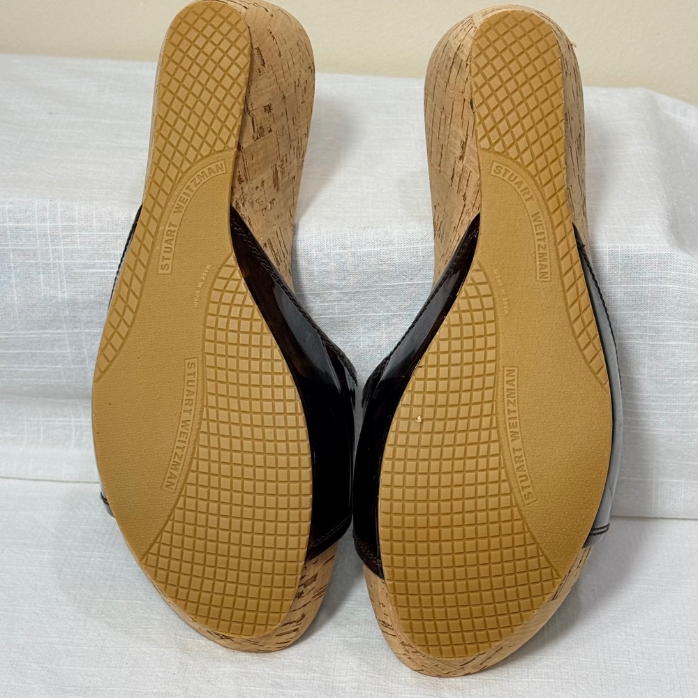 Stuart Weitzman Tortoise Patent‎ Cork Wedge Slide Sandals Women's Sz 8.5M Resort - Picture 5 of 15